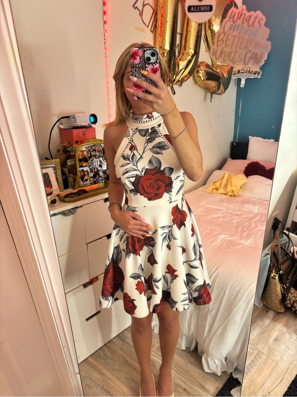 B Darlin White Halter Mini Dress with Red Rose Print